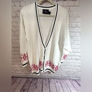 VINTAGE Lake Harmony Rowing Club White Pink Argyle Varsity Cotton Cardigan L